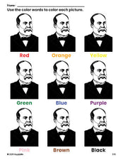 Free Presidents' Day James A Garfield coloring page and color worksheet for preschoolers to learn colors, printable PDF