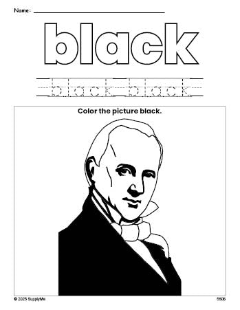 Free Presidents' Day James Buchanan color black coloring page and color worksheet, black worksheet for preschoolers to learn colors, printable PDF