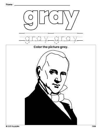 Free Presidents' Day James Buchanan color gray coloring page and color worksheet, gray worksheet for preschoolers to learn colors, printable PDF