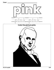 Free Presidents' Day James Buchanan color pink coloring page and color worksheet, pink worksheet for preschoolers to learn colors, printable PDF