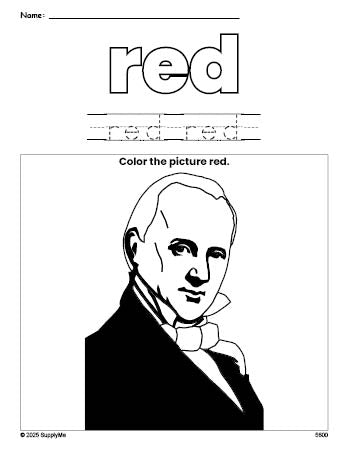 Free Presidents' Day James Buchanan color red coloring page and color worksheet, red worksheet for preschoolers to learn colors, printable PDF