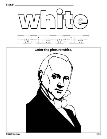 Free Presidents' Day James Buchanan color white coloring page and color worksheet, white worksheet for preschoolers to learn colors, printable PDF