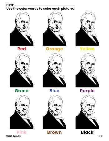 Free Presidents' Day James Buchanan coloring page and color worksheet for preschoolers to learn colors, printable PDF