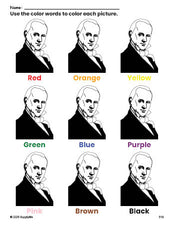 Free Presidents' Day James Buchanan coloring page and color worksheet for preschoolers to learn colors, printable PDF