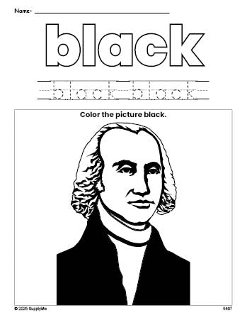 Free Presidents' Day James Madison color black coloring page and color worksheet, black worksheet for preschoolers to learn colors, printable PDF