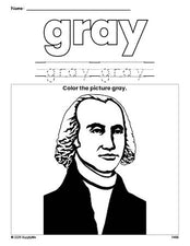 Free Presidents' Day James Madison color gray coloring page and color worksheet, gray worksheet for preschoolers to learn colors, printable PDF