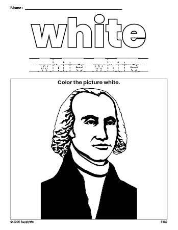 Free Presidents' Day James Madison color white coloring page and color worksheet, white worksheet for preschoolers to learn colors, printable PDF