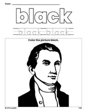 Free Presidents' Day James Monroe color black coloring page and color worksheet, black worksheet for preschoolers to learn colors, printable PDF