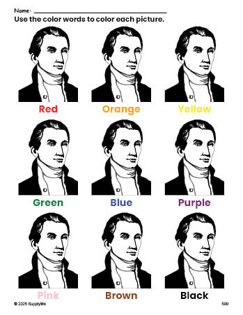 Free Presidents' Day James Monroe coloring page and color worksheet for preschoolers to learn colors, printable PDF