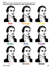 Free Presidents' Day James Monroe coloring page and color worksheet for preschoolers to learn colors, printable PDF