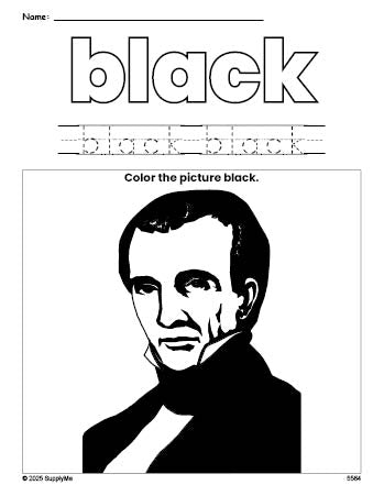 Free Presidents' Day James Polk color black coloring page and color worksheet, black worksheet for preschoolers to learn colors, printable PDF