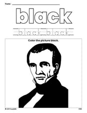 Free Presidents' Day James Polk color black coloring page and color worksheet, black worksheet for preschoolers to learn colors, printable PDF