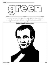 Free Presidents' Day James Polk color green coloring page and color worksheet, green worksheet for preschoolers to learn colors, printable PDF