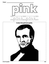 Free Presidents' Day James Polk color pink coloring page and color worksheet, pink worksheet for preschoolers to learn colors, printable PDF