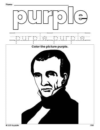 Free Presidents' Day James Polk color purple coloring page and color worksheet, purple worksheet for preschoolers to learn colors, printable PDF