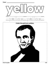 Free Presidents' Day James Polk color yellow coloring page and color worksheet, yellow worksheet for preschoolers to learn colors, printable PDF