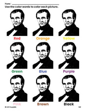 Free Presidents' Day James Polk coloring page and color worksheet for preschoolers to learn colors, printable PDF