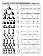 Free printable Presidents' Day James Polk counting worksheet for preschool and pre-k with number tracing practice 1-10, PDF