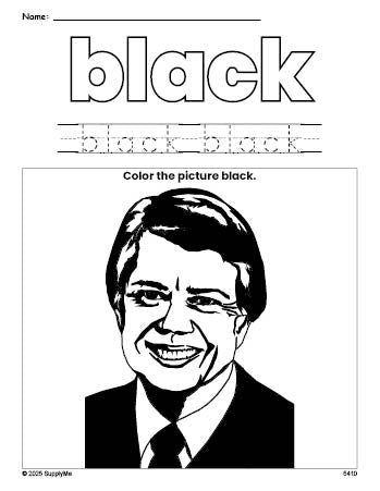 Free Presidents' Day Jimmy Carter color black coloring page and color worksheet, black worksheet for preschoolers to learn colors, printable PDF