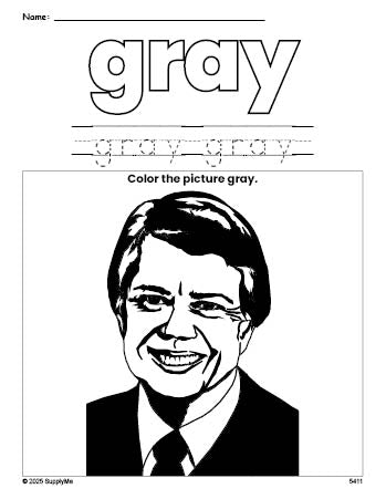 Free Presidents' Day Jimmy Carter color gray coloring page and color worksheet, gray worksheet for preschoolers to learn colors, printable PDF