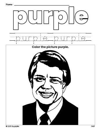 Free Presidents' Day Jimmy Carter color purple coloring page and color worksheet, purple worksheet for preschoolers to learn colors, printable PDF