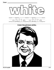 Free Presidents' Day Jimmy Carter color white coloring page and color worksheet, white worksheet for preschoolers to learn colors, printable PDF