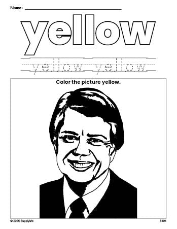 Free Presidents' Day Jimmy Carter color yellow coloring page and color worksheet, yellow worksheet for preschoolers to learn colors, printable PDF