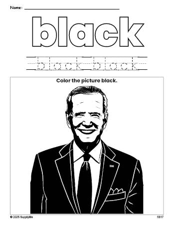 Free Presidents' Day Joe Biden color black coloring page and color worksheet, black worksheet for preschoolers to learn colors, printable PDF