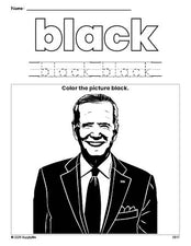 Free Presidents' Day Joe Biden color black coloring page and color worksheet, black worksheet for preschoolers to learn colors, printable PDF