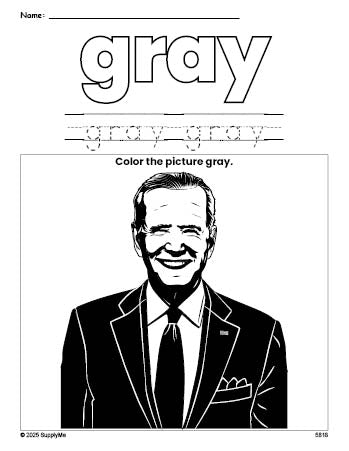 Free Presidents' Day Joe Biden color gray coloring page and color worksheet, gray worksheet for preschoolers to learn colors, printable PDF