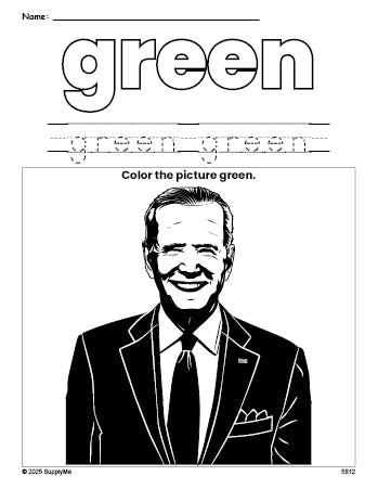 Free Presidents' Day Joe Biden color green coloring page and color worksheet, green worksheet for preschoolers to learn colors, printable PDF