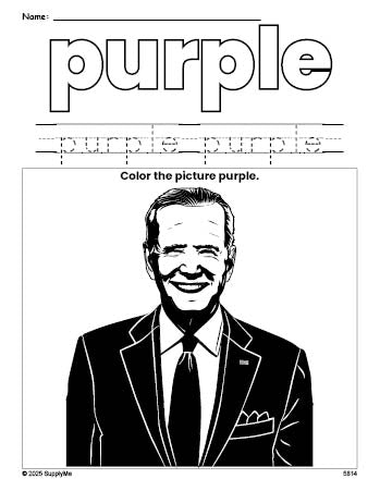 Free Presidents' Day Joe Biden color purple coloring page and color worksheet, purple worksheet for preschoolers to learn colors, printable PDF