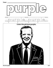 Free Presidents' Day Joe Biden color purple coloring page and color worksheet, purple worksheet for preschoolers to learn colors, printable PDF