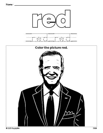 Free Presidents' Day Joe Biden color red coloring page and color worksheet, red worksheet for preschoolers to learn colors, printable PDF