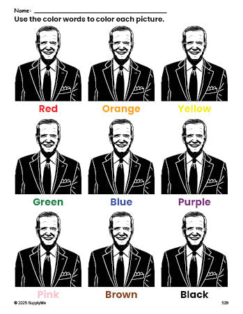 Free Presidents' Day Joe Biden coloring page and color worksheet for preschoolers to learn colors, printable PDF