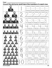 Free printable Presidents' Day Joe Biden counting worksheet for preschool and pre-k with number tracing practice 1-10, PDF