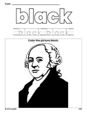 Free Presidents' Day John Adams color black coloring page and color worksheet, black worksheet for preschoolers to learn colors, printable PDF