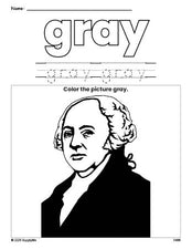 Free Presidents' Day John Adams color gray coloring page and color worksheet, gray worksheet for preschoolers to learn colors, printable PDF