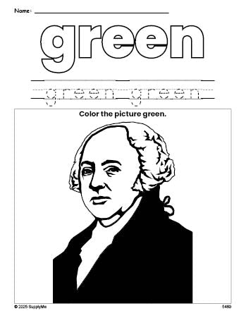 Free Presidents' Day John Adams color green coloring page and color worksheet, green worksheet for preschoolers to learn colors, printable PDF