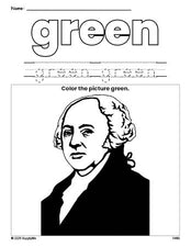 Free Presidents' Day John Adams color green coloring page and color worksheet, green worksheet for preschoolers to learn colors, printable PDF