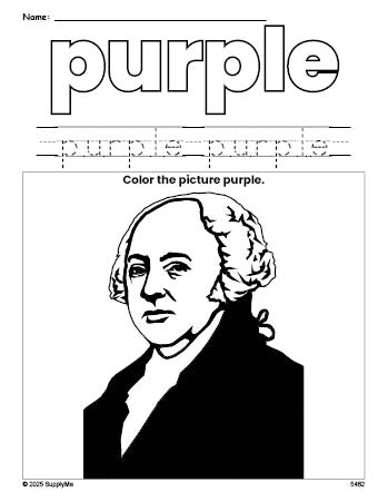 Free Presidents' Day John Adams color purple coloring page and color worksheet, purple worksheet for preschoolers to learn colors, printable PDF