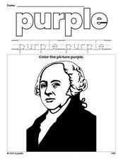 Free Presidents' Day John Adams color purple coloring page and color worksheet, purple worksheet for preschoolers to learn colors, printable PDF