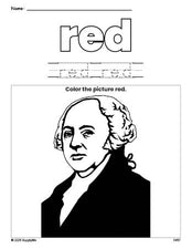 Free Presidents' Day John Adams color red coloring page and color worksheet, red worksheet for preschoolers to learn colors, printable PDF