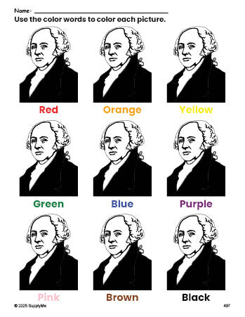 Free Presidents' Day John Adams coloring page and color worksheet for preschoolers to learn colors, printable PDF