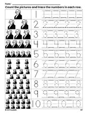 Free printable Presidents' Day John Adams counting worksheet for preschool and pre-k with number tracing practice 1-10, PDF