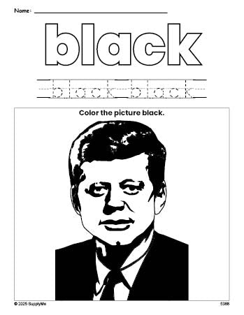 Free Presidents' Day John F Kennedy color black coloring page and color worksheet, black worksheet for preschoolers to learn colors, printable PDF