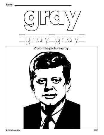 Free Presidents' Day John F Kennedy color gray coloring page and color worksheet, gray worksheet for preschoolers to learn colors, printable PDF