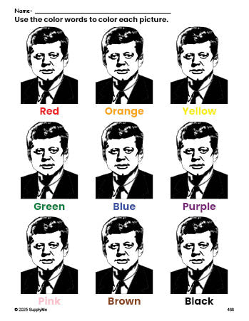 Free Presidents' Day John F Kennedy coloring page and color worksheet for preschoolers to learn colors, printable PDF