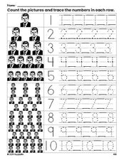 Free printable Presidents' Day John F Kennedy counting worksheet for preschool and pre-k with number tracing practice 1-10, PDF