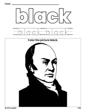 Free Presidents' Day John Quincy Adams color black coloring page and color worksheet, black worksheet for preschoolers to learn colors, printable PDF